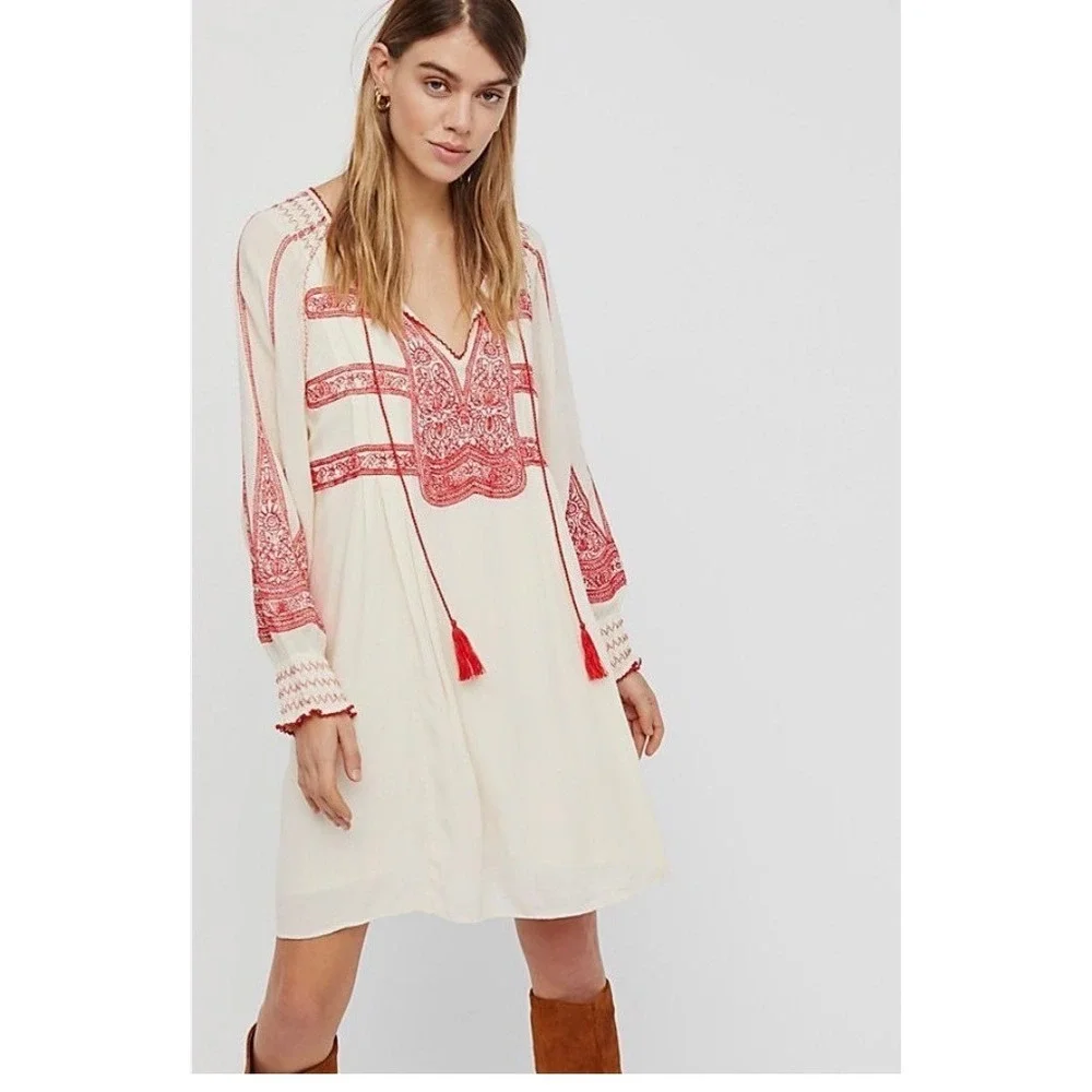 Free People Boho Embroidered Tunic Dress Pink Red Long Sleeve V Neck‎ Tie Neck L